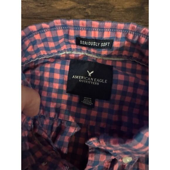 American Eagle Super Soft Button Down Flannel Shirt Mens Pink Blue Plaid Medium - Picture 3 of 5